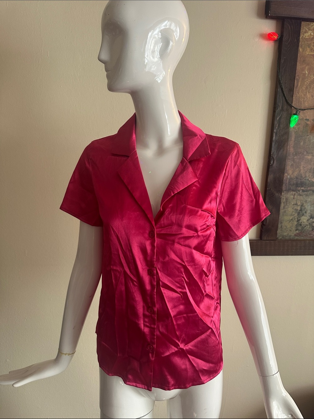 SHEIN Hot Pink Satin Short-Sleeve Button-Up Blouse